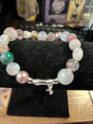 White , pink, green bamboo glass bead bracelet