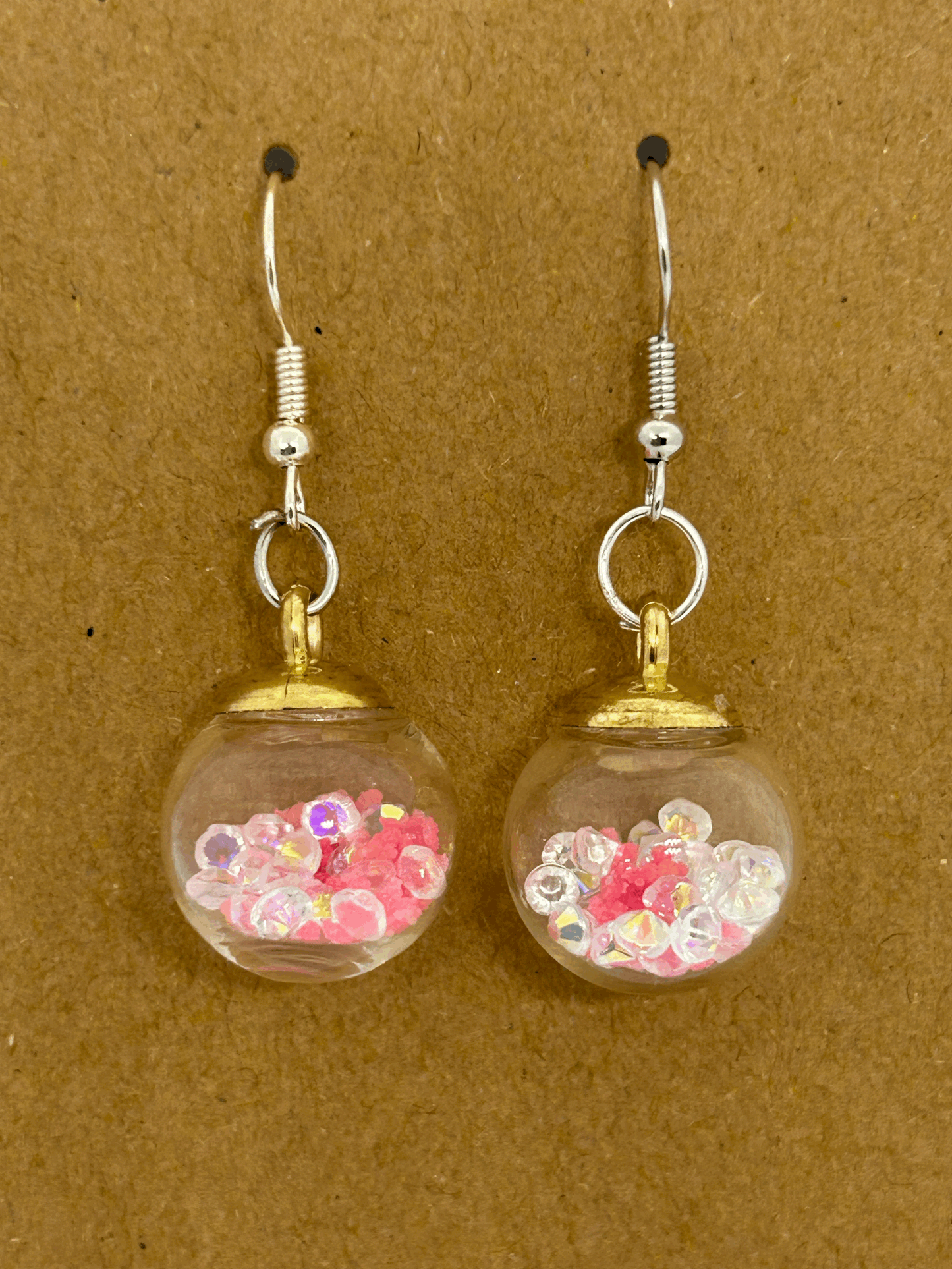 Pink and white crystal glass globe earrings