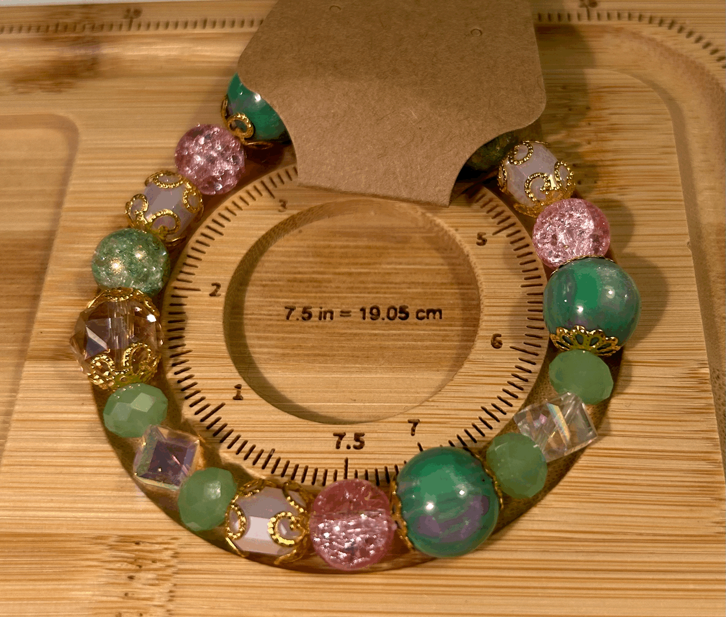 Pink and green glass bead bracelet