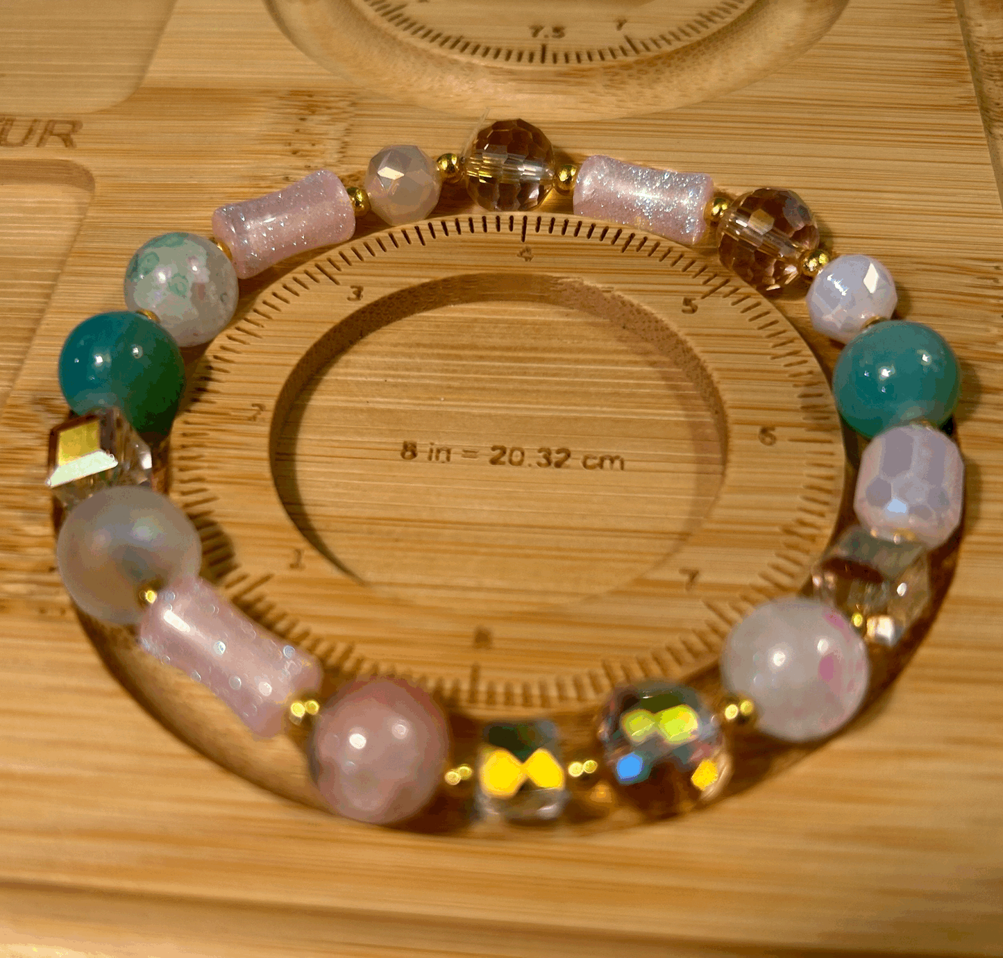 Pink and green glass bead bracelet