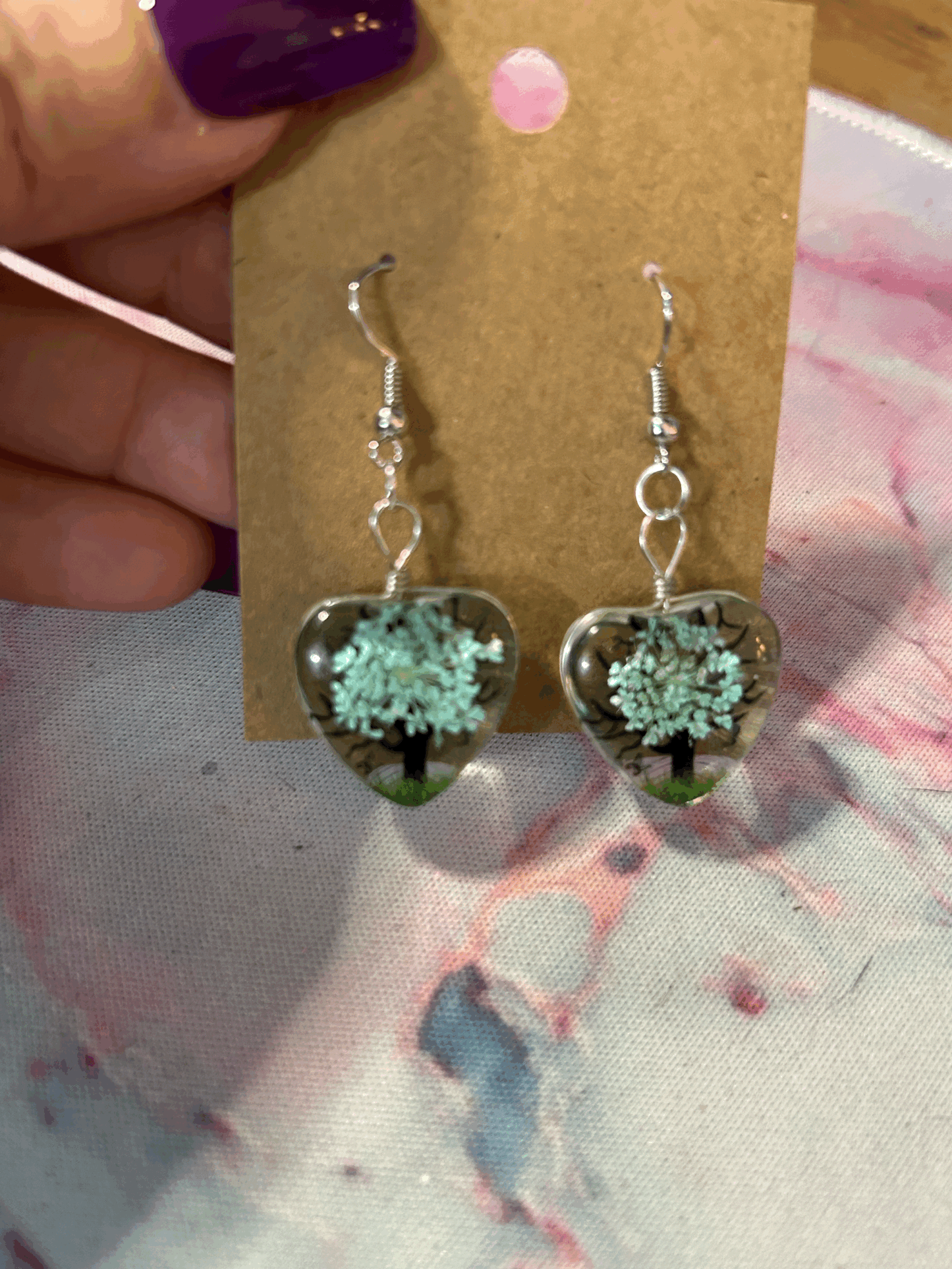 Blue glass heart cherry blossom earrings