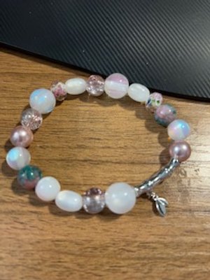 White , pink, green  bamboo glass bead bracelet