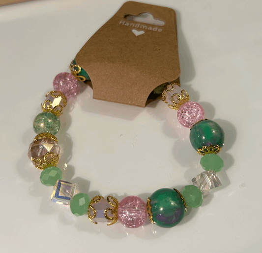Pink and green glass bead bracelet