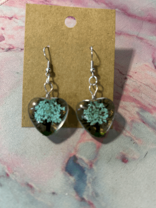 Blue glass heart cherry blossom earrings